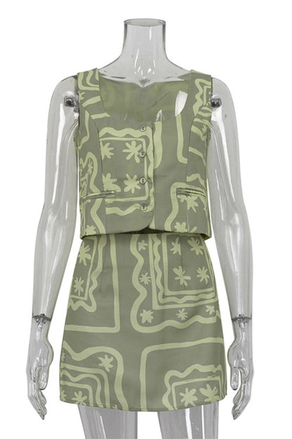 Casual Geometric Print Buttons U Neck Sleeveless Two Pieces