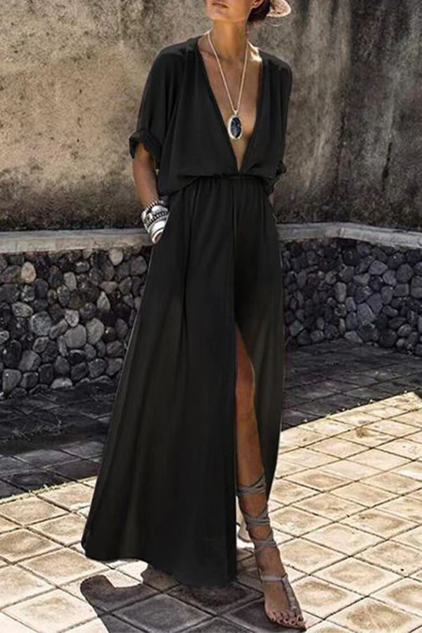 Sexy Elegant Solid Slit V Neck A Line Dresses(3 Colors) – Shellher