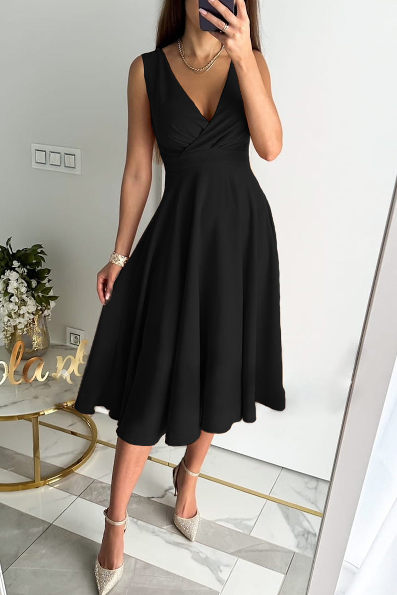 Sweet Elegant Solid Fold V Neck Sleeveless Dress Dresses – Shellher
